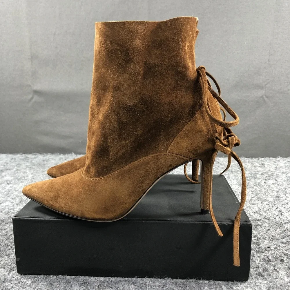 Marion Parke Toscana Boots Womens 7 Brown Suede Lace Up Stiletto Heel Designer